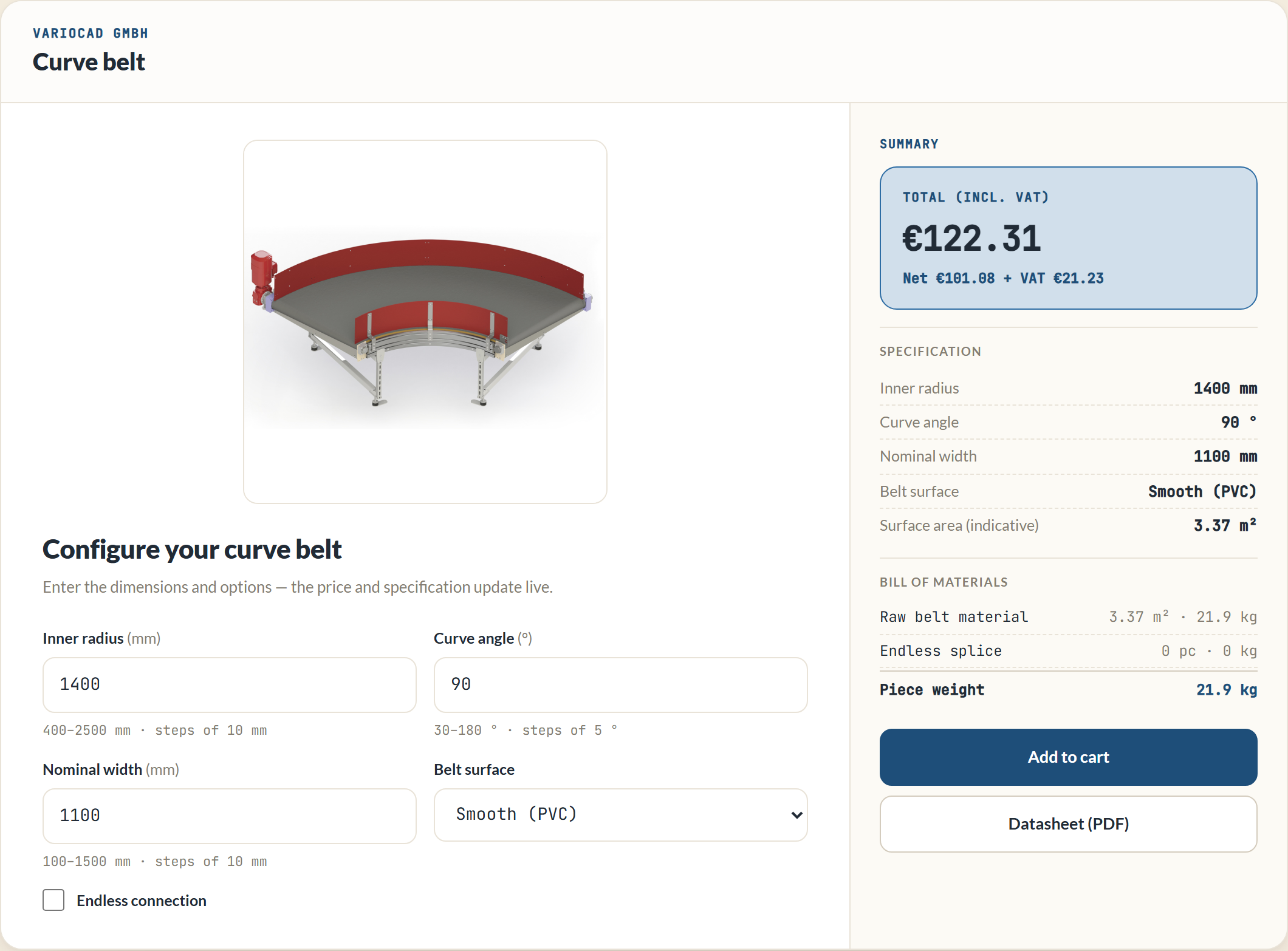 The configurator total, shown without tax — "Total (excl. VAT)".