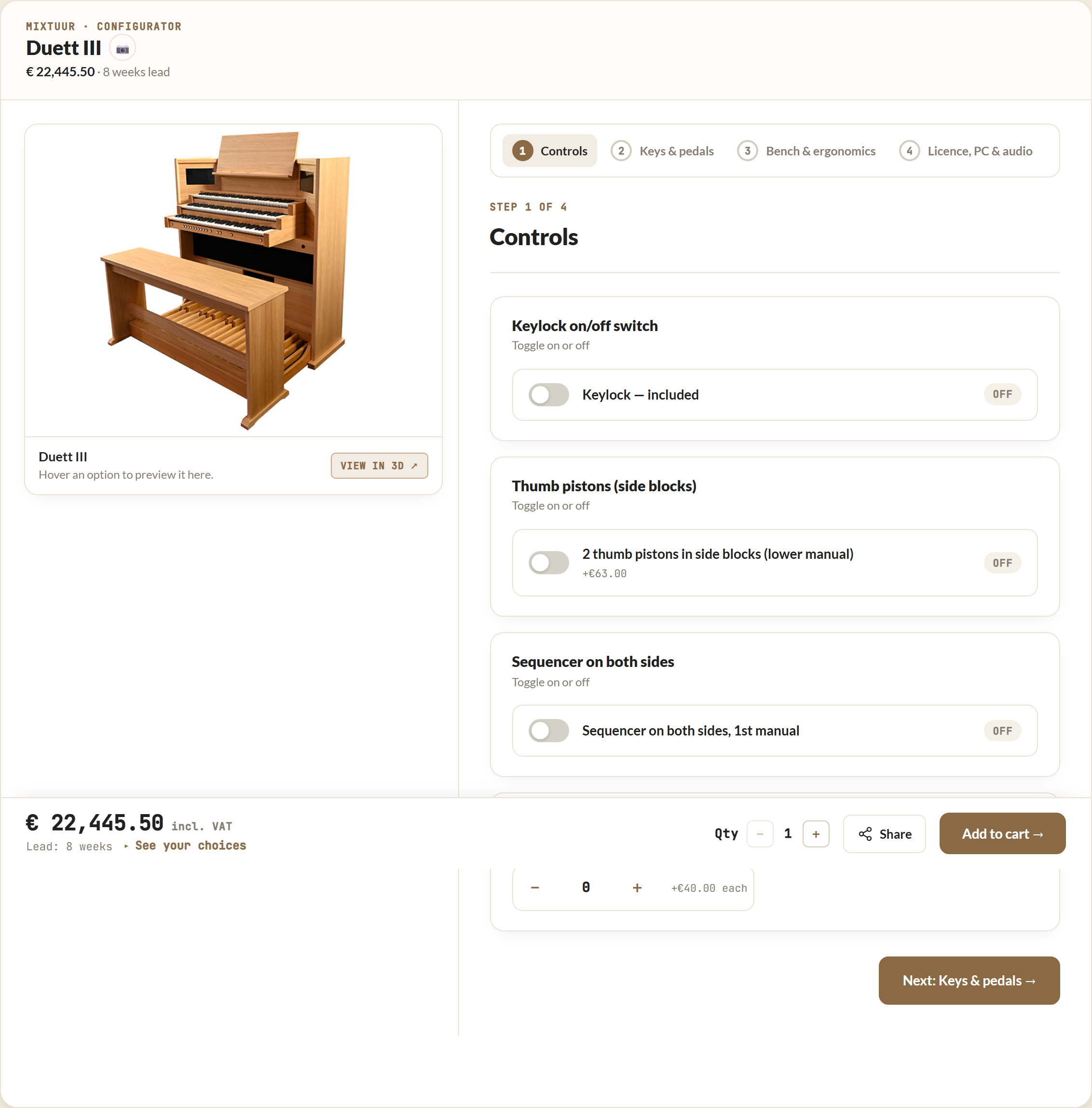 What the customer sees — an option-picking configurator: the choices, with a live price and summary alongside.